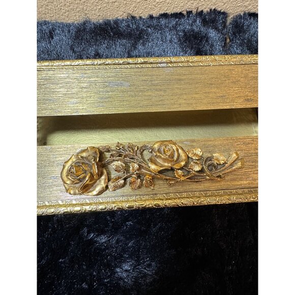 Vintage Ornate Gold Rectangular Metal Tissue Cover Box With Rose Hinged Lid - Picture 2 of 8